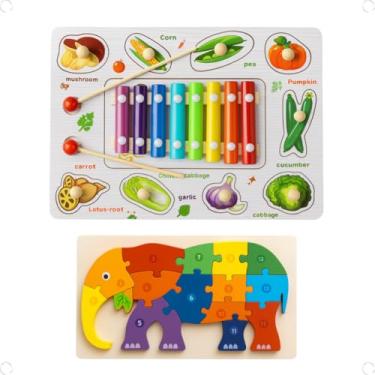 Imagem de Kit Brinquedos Educativos Madeira – Puzzle Sortido 20 Figuras + Xilofone Infantil com Lousa e Encaixe