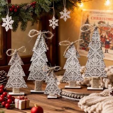 Imagem de Fiwochic 5 peças de árvores de Natal de madeira decoração de mesa decoração de árvore de Natal rústica estátua de madeira branca com arco centro de mesa decoração de mesa placa de natal para