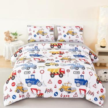 Imagem de Conjunto de edredom solteiro para meninos, 5 peças, escavadeira, equipamento, caminhões, cama em uma bolsa com lençol, branco e cinza