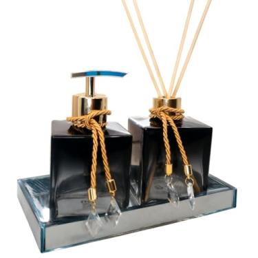 Imagem de Kit Lavabo Presente Sofisticado Vidro Aromatizador Difusor Saboneteira Decoração Banheiro Quarto(Com Bandeja,Preto Degrade C/Dourado)