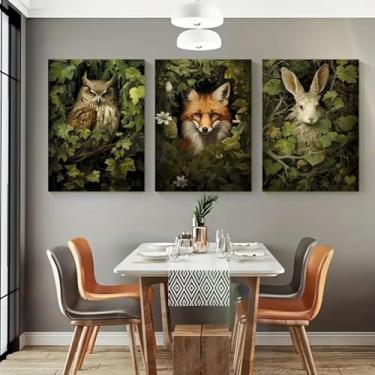 Imagem de Arte de parede de 3 peças de arte de animais da floresta 20 x 30 cm para casa moderna, escritório, sala de estar, decoração de quarto, pôster em tela sem moldura