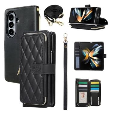 Imagem de YYTVN Capa carteira para Samsung Galaxy Z Fold 7 com zíper para cartão e alça de ombro e alça de pulso, bolsa transversal elegante capa protetora para Galaxy Z Fold 7 - preta