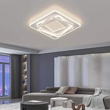 Imagem de Luminária de teto moderna em LED branco, 55W, dimerizável, em acrílico, com controle remoto. Design geométrico criativo e lustre embutido, ideal para cozinha, escritório, sala de estar, bar