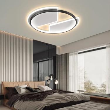 Imagem de Luminária de teto LED redonda 52W para ambientes internos, dimerizável, com controle remoto, temperatura de cor de 3000K a 6500K, em metal preto, design criativo para decoração de sala de ja