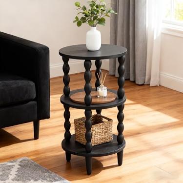 Imagem de COVLON Mesa lateral redonda de madeira, mesa de canto de pão pequena com prateleira de armazenamento para espaços pequenos, mesa de cabeceira para sala de estar, quarto, cantos e escritório (3 camadas