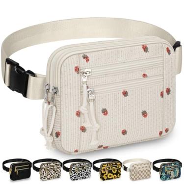 Imagem de Capolo Pochetes femininas modernas com alça ajustável e 4 bolsos com zíper, impermeável, em todos os lugares, bolsa de cinto transversal para treino, corrida, viagem, veludo cotelê e morango, Large