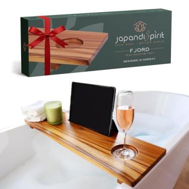 Imagem de Dia dos Namorados - Bandeja de banheira de teca fiorde para banheiras padrão - Conjunto de toalha e caixa de presente - Bandeja de banho de madeira minimalista sustentável para banheira - Bandeja de