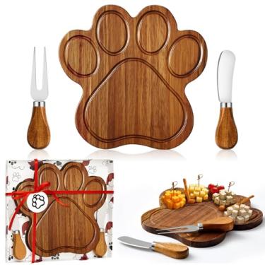 Imagem de Ziliny Presentes para amantes de cães para mulheres, conjunto de presente de tábua de queijo de pata de cachorro com facas, estampa de pata pequena tábua de corte de charcutaria, prato de madeira para