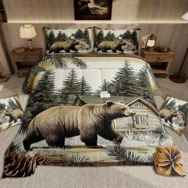Imagem de jejeloiu Conjunto de cama com estampa de urso, tamanho solteiro, de animais selvagens, para decoração de quarto de meninos, meninas, adolescentes, campo, rústica, respirável, macia, leve, microfibra