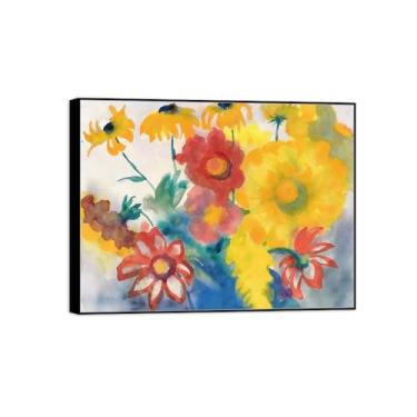 Imagem de BMZFYBS Pintura de arte de parede de flores - imagem de decoração vintage - flores vermelhas e amarelas - impressões em tela de moldura preta para sala de estar 50 x 65 cm 20 x 26 pol