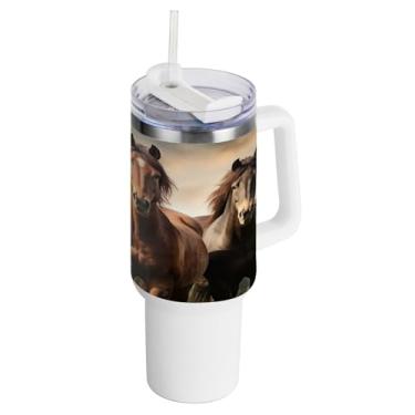 Imagem de Kigai Copo de 1,134 g com tampa e canudo, copo de aço inoxidável durável à prova de vazamento de cavalo de corrida com alça, garrafas de água à prova de derramamento para viagens