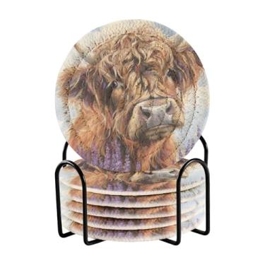 Imagem de Qilmy Conjunto de 6 peças de porta-copos de vaca de gado alpino de lavanda ou porta-copos de bar para bebidas, porta-copos de fazenda ou porta-copos de mesa rústicos, porta-copos modernos de algodão