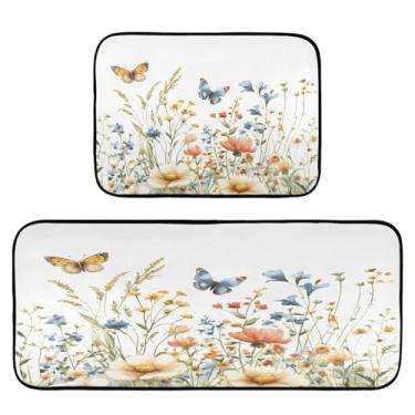 Imagem de Qilmy Tapetes de cozinha de flores silvestres e borboletas, 2 peças, tapete de entrada frontal, antiderrapante, alivia a fadiga, lavável, tapete para cozinha, quarto, varanda370