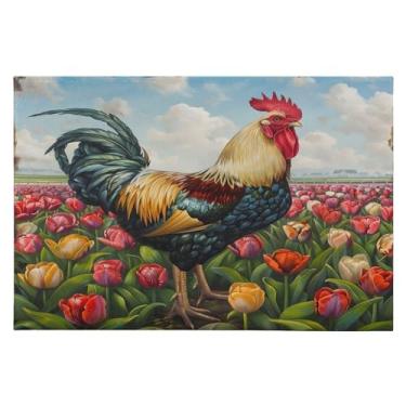 Imagem de Tapete de área 60 x 90 cm macio lavável tapete antiderrapante com forro de borracha galo em tulipas tapetes de área para sala de estar, quarto, decoração de casa