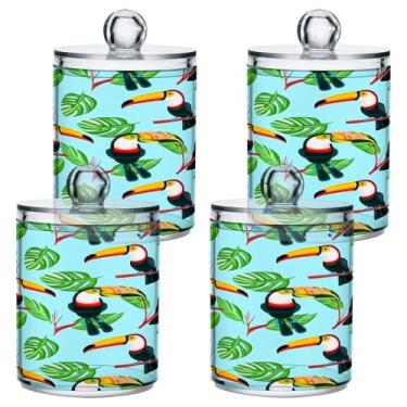 Imagem de STAYTOP 4 frascos de boticário Qtip para banheiro com etiquetas – Recipiente de armazenamento Qtip de plástico transparente acrílico para bola de algodão, cotonete, grão de café - lindo tucano