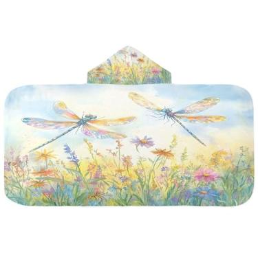 Imagem de Burbuja Toalha de banho com capuz de libélulas em aquarela para crianças, toalha de praia de pelúcia macia absorvente para meninas e meninos 3-10 anos, 61 x 127 cm