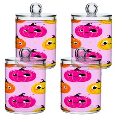 Imagem de STAYTOP 2 frascos de boticário Qtip para banheiro com etiquetas – Recipiente de armazenamento Qtip de plástico transparente acrílico para bola de algodão, cotonete, grão de café - abóbora divertida