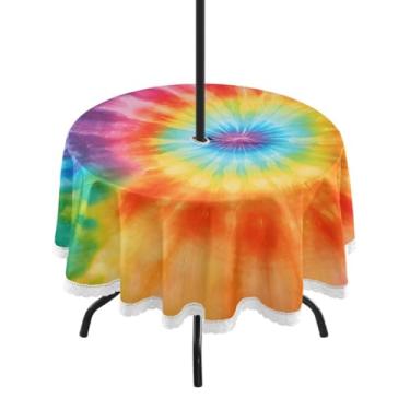 Imagem de CEBUGI Toalha de mesa redonda para uso externo, colorida, tingida, impermeável, com furo Umberlla, capa de mesa lavável para pátio, cozinha, sala de jantar, 152 cm