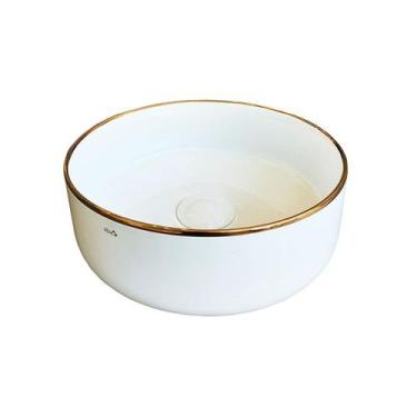 Imagem de Cuba para Banheiro Cerâmica Branca e Rose Gold Redonda 31cm Reno RC 13