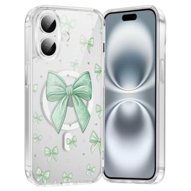 Imagem de FBHGLOA Capa de celular para iPhone 16 de 6,1 polegadas, com laço verde, compatível com MagSafe, fita estética com estampa de coração, antiamarelamento, à prova de choque, capa magnética transparente