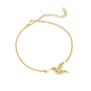 Imagem de Pulseira delicada de corrente de beija-flor, dourado, comprimento ajustável de 15 a 20 cm, Adjustable, Aço inoxidável Aço inoxidável Dourado, Sem Pedra Preciosa