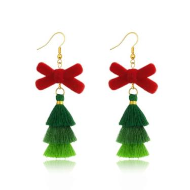 Imagem de Brincos de borla gradiente de árvore de Natal feitos à mão com coração de veludo ou laço de veludo – Brincos de franjas verdes em camadas para roupas e presentes de Natal, Small, Náilon, Sem pedra
