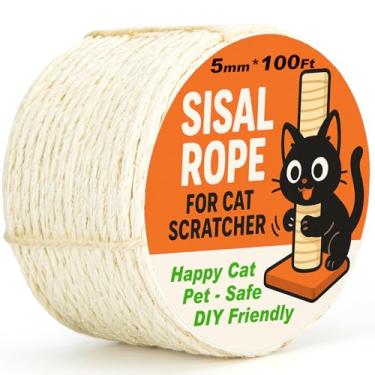 Imagem de Corda de sisal natural para árvore arranhadora de gatos grossa de 5 mm 1/5 polegada por 3 m, barbante de escalada de torre de gato para substituição de postes de arranhão de gatos, reparo