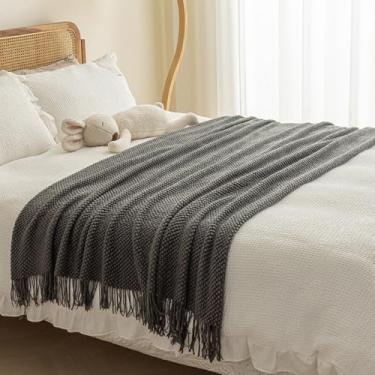 Imagem de Cama Runner Corredores de Cama Cor Sólida Queen King Size Lenço de Malha Sofá Cobertor Macio Confortável Roupa de Cama com Borlas Decoração Quarto Hotel Toalha de Cama Colcha Cinza Escuro ||127*170 cm