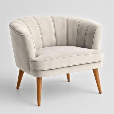 Imagem de Poltrona Moderna para Recepção Clínica Confortável em Tecido Veludo Pés Palito de Madeira Reforçada Design Minimalista (Bege)