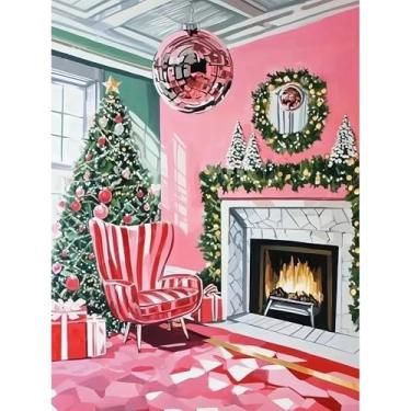 Imagem de 1tonine Kits de arte de diamante rosa aconchegante para interiores de casa para adultos - kit de pintura completa de diamante para sala de estar festiva - Kit de pintura de árvore de Natal e lareira