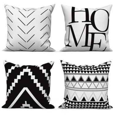 Imagem de Vie Savaran Capas de almofada geométricas 66 x 66 conjunto de 4 fronhas listradas pretas brancas morden capa de almofada quadrada abstrata para sofá, poltrona, cama, casa, exterior, jardim, carro
