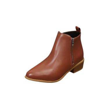 Imagem de Botas femininas de cano curto, bico fino, zíper lateral, salto baixo grosso para um estilo elegante e confortável, Marrom, 35