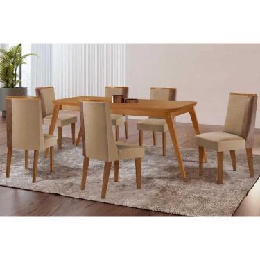 Imagem de Sala Jantar Mesa Havana Tampo Curvo 180cm+6 Cadeiras Tilia Madeira Naturale - Capuccino/Linho Bege - Rufato
