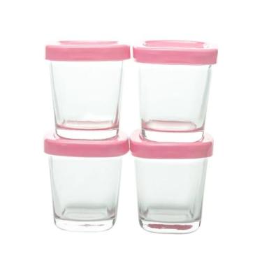Imagem de Potes de Armazenamento para Alimentos, Vidro com Tampa Rosa, 4 Unidades, 7x15x13.5cm, Ideal para Papinha e Leite, Próprio para Freezer e Micro-ondas