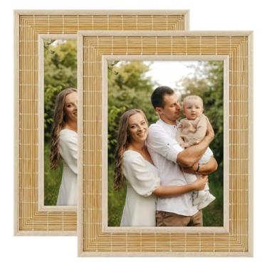 Imagem de Golden State Art Porta-retrato 12 x 18 cm - Tecido de bambu com vidro - Moldura Boho para foto - Exibição de parede e mesa, pacote com 2