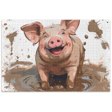 Imagem de Porquinho sorrindo na lama estoque porco quebra-cabeça 500 peças família adulto elefante branco presentes Prime Puzzles família brinquedo arte