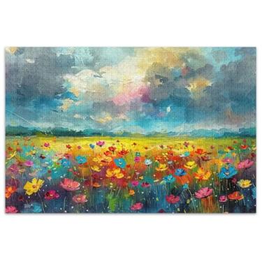Imagem de Quebra-cabeças de pintura de campo de flores coloridas 500 peças para adultos, decoração de paisagem, quebra-cabeças engraçados, presentes de jogo de quebra-cabeça