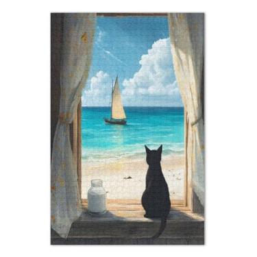 Imagem de Quebra-cabeças Cat Beach Blue 1000 peças, quebra-cabeças desafiadores para adultos com letras nas costas