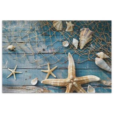 Imagem de Uma rede de estrelas do mar e conchas em uma mesa quebra-cabeça 1000 peças adultos desenhos animados animais Prime quebra-cabeças amigos família jogos presentes