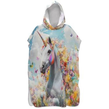 Imagem de Joisal Poncho de surf para adultos trocador de roupa de praia com capuz toalha de banho absorvente branco unicórnio colorido flor ponchos de praia para homens