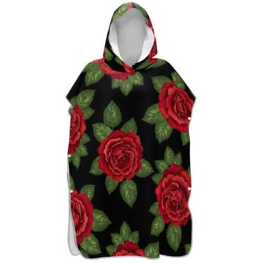 Imagem de Joisal Poncho de surfe plus size trocador de roupão adulto com capuz toalha de praia estampado rosas vermelhas preto unissex adulto poncho com capuz