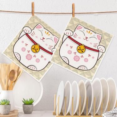 Imagem de Panos de prato suecos para cozinha, conjunto de panos de prato suecos com padrão de gato da sorte japonês, reutilizável, lavável, absorvente, macio, durável, toalha de prato para limpeza doméstica