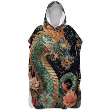 Imagem de Joisal Dragão verde vintage trocador de flores para adultos, poncho de surfe, poncho masculino plus size, com capuz, toalha floral