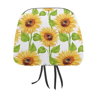 Imagem de Aquarela sem costura girassol amarelo com flores verdes 2 peças capas protetoras de encosto de cabeça para assento de carro universal, capa macia para encosto de cabeça de carro, acessórios de
