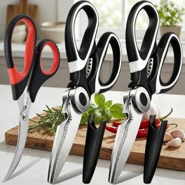 Imagem de Tesoura de cozinha multiuso – Pacote com 3 tesouras de cozinha resistentes de aço inoxidável para cortar carne, peixe, aves, legumes, preparação de alimentos, conjunto de tesouras de cozinha afiadas