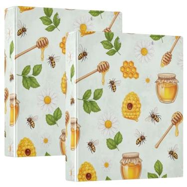 Imagem de Pastas personalizadas de margarida mel favo de mel de 3,8 cm, 3 anéis, 200 folhas, pastas, anel redondo fofo, fichário de escritório, 31,5 x 27 x 6 cm, pacote com 2