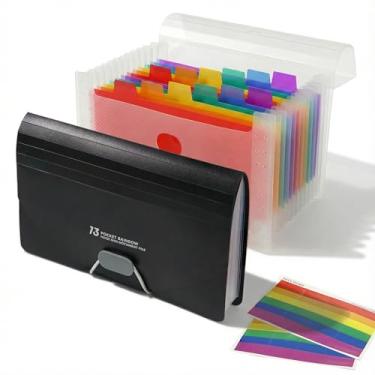 Imagem de Pacote com 2 organizadores de arquivos sanfonados pequenos com 13 bolsos, 17 x 11 cm, organizador de pasta de arquivos expansível para fatura/recibo/cartões, cupom/bilhetes (Clearblack)