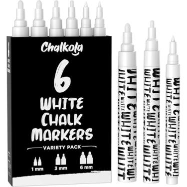 Imagem de Chalkola Marcadores brancos de giz – canetas brancas de giz líquido apagáveis a seco para quadro-negro, janela, bistrô, vidro de carro, placa, placas – Pacote variado de 6 – (2x) 1 mm, 3 mm e 6 mm