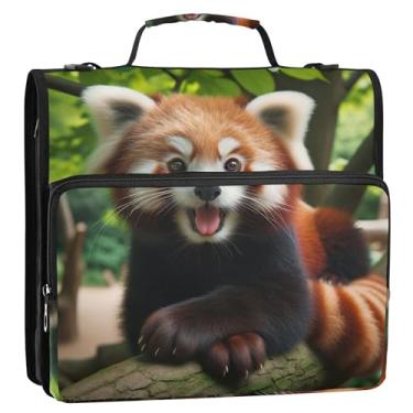 Imagem de Fichários de 3 anéis de 3 cm com estampa de urso panda para serviço pesado, com zíper, fichário organizador com alça, bolsa escolar de trabalho, vários bolsos, pasta grande para portfólio
