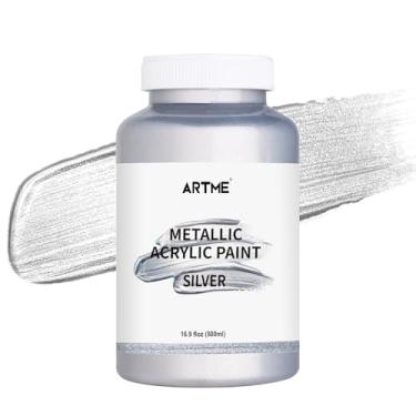 Imagem de ARTME Tinta acrílica prata metálica, 500 ml, frasco grande, tinta prateada para pintura artística, artesanato, não tóxica, tintas prateadas que não desbotam, ideais para tela, madeira, móveis, tecido